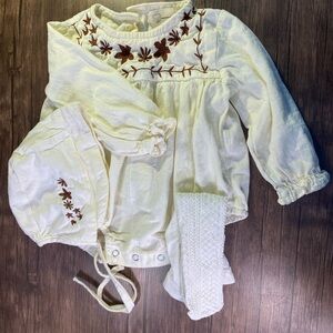 Cream Baby Outfit with Brown Floral Embroidery| Romper, Bonnet, Tights 0-6M